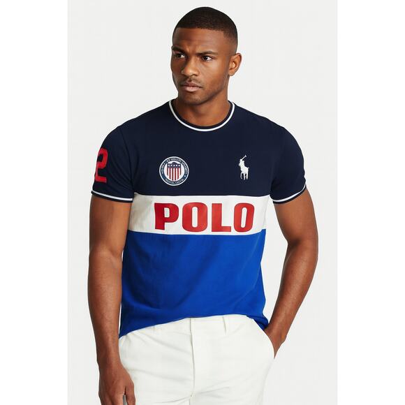 Polo Ralph Lauren Colorblock Patch T-Shirt Navy White Blue US Shield Logo M - Picture 1 of 7